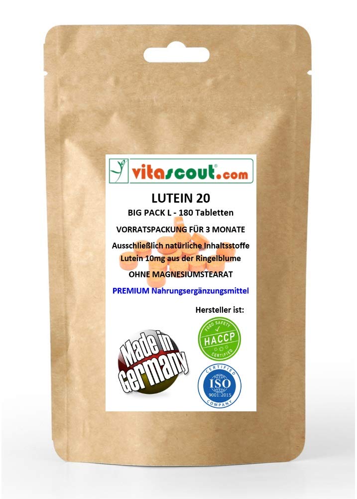 Lutein 20 II 180 tablets of 10 mg each - for 3 months - WITHOUT MAGNESIUM STEARATE - MADE IN GERMANY from VITASCOUT® - NewNest Australia