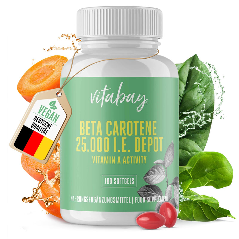 Vitabay Beta Carotene Depot Tanning Capsules - 180 VEGAN SOFTGELS with 25,000 IU - Precursor of Vitamin A High Dose Carotene Capsules High Dose Tan Beta Carotene High Dose Carrot Juice Carotene 180 Pieces (Pack of 1) - NewNest Australia