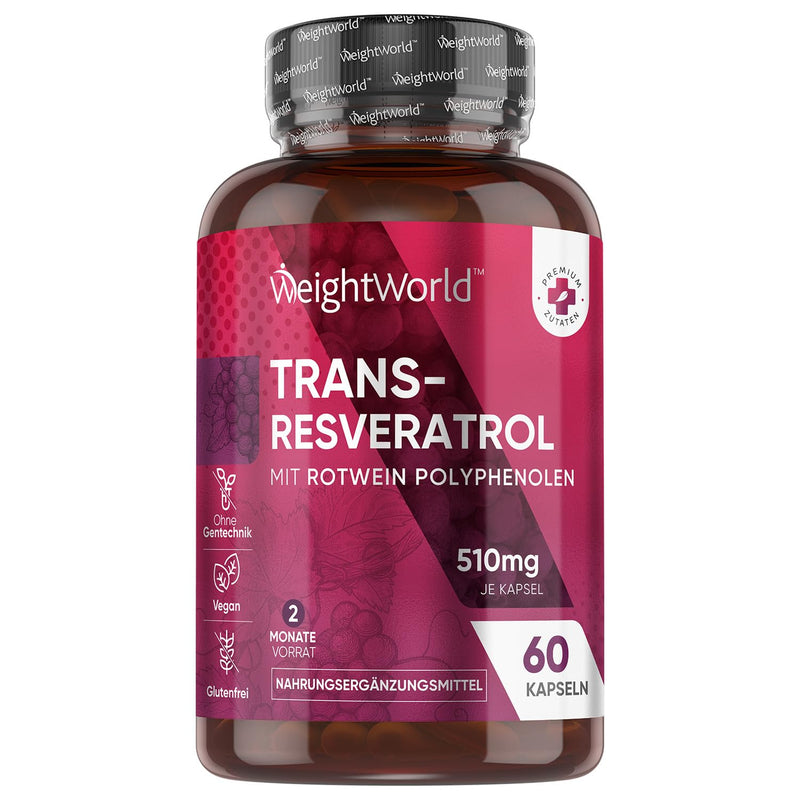 Trans-Resveratrol Capsules - 510 Mg Pure Resveratrol With Red Wine Polyphenols And Piperine - 60 Vegan Capsules - 98% Trans Resveratrol With Grape Skin & Black Pepper - Dietary Supplement - NewNest Australia