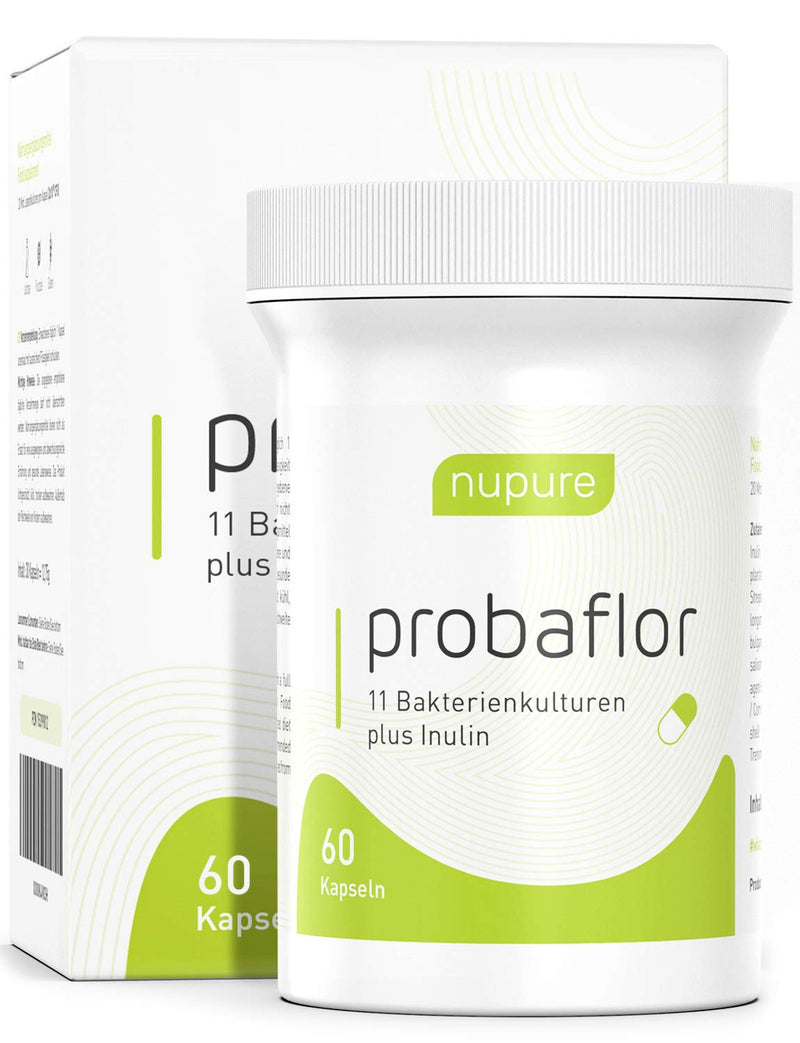 Nupure® Probaflor, 60 capsules, 11 selected strains of lactic acid bacteria and bifidobacteria, 20 billion CFU bacteria, with inulin and Lactobacillus salivarius SP2, gastro-resistant capsule shell, vegan - NewNest Australia