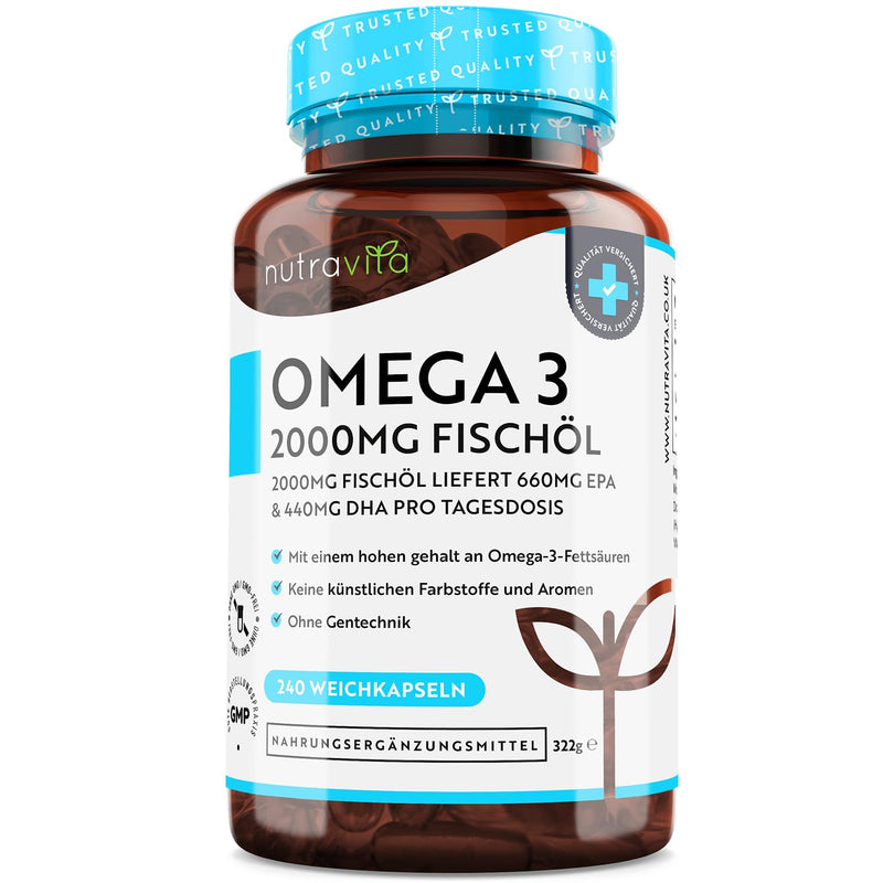 Omega 3 2000 mg - pure fish oil from SUSTAINABLE fishing - HIGH DOSE with 660 mg EPA & 440 mg DHA per serving - 240 high-dose capsules - tested/certified in Germany - NewNest Australia