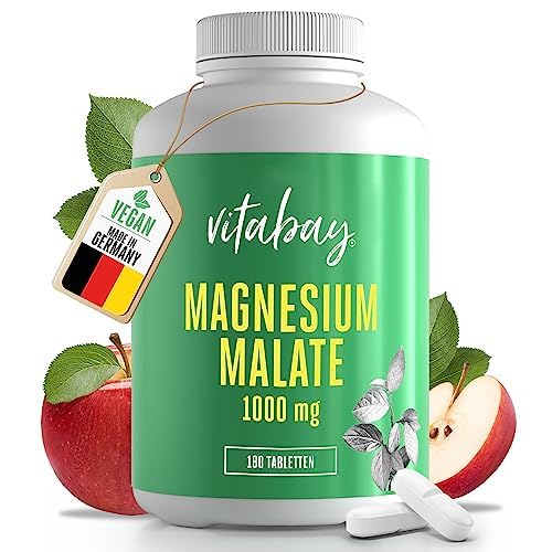 Vitabay Magnesium Malate Tablets VEGAN & LABORATORY TESTED - 180 pieces each 1000 mg magnesium malate (150 mg elemental) - high-dose magnesium capsules - high-dose magnesium malate tablets high-dose 180 pieces (pack of 1) - NewNest Australia