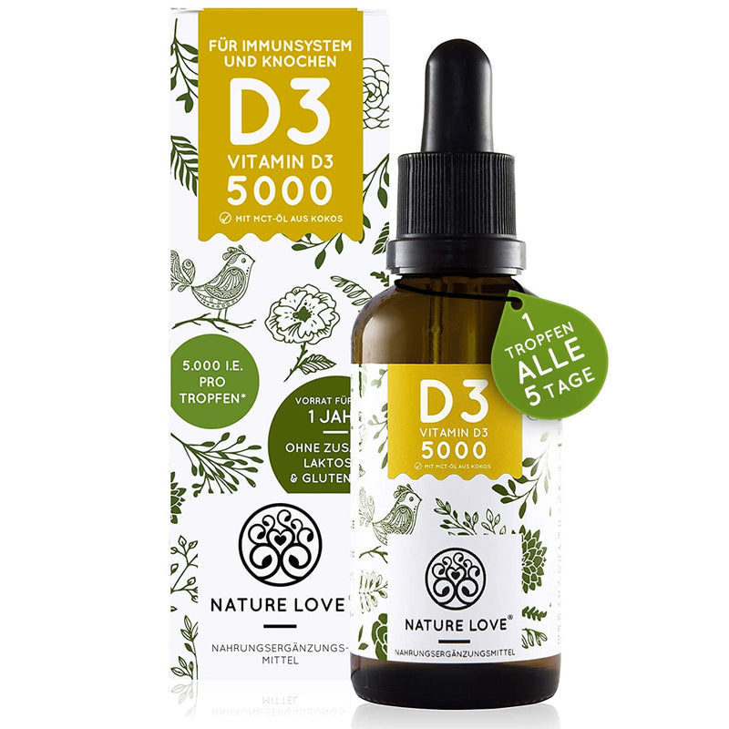 Nature Love Vitamin D3 5000 (50 Ml Liquid) - Laboratory Tested 5000 Iu. (125 Œºg) Per Drop - In Mct Oil From Coconut - High Quality: Very High Stability - High Dosage, Produced In Germany - NewNest Australia