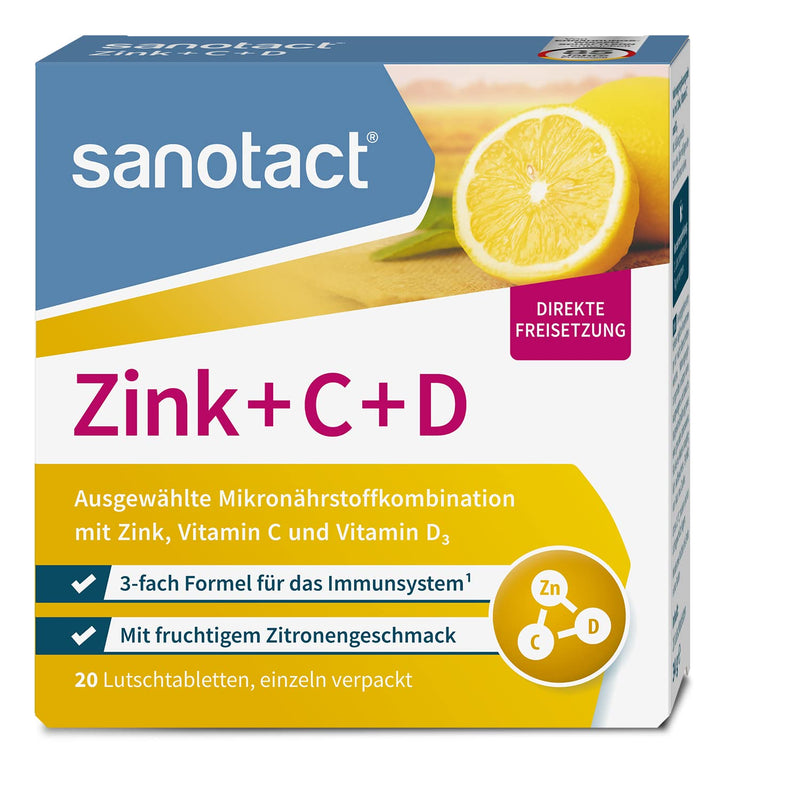 sanotact Zinc+C+D • 20 zinc lozenges high dose with vitamin C • With zinc vitamin C & D3 vitamins • Covers daily requirement of vitamin D3 20 pieces (pack of 1) - NewNest Australia