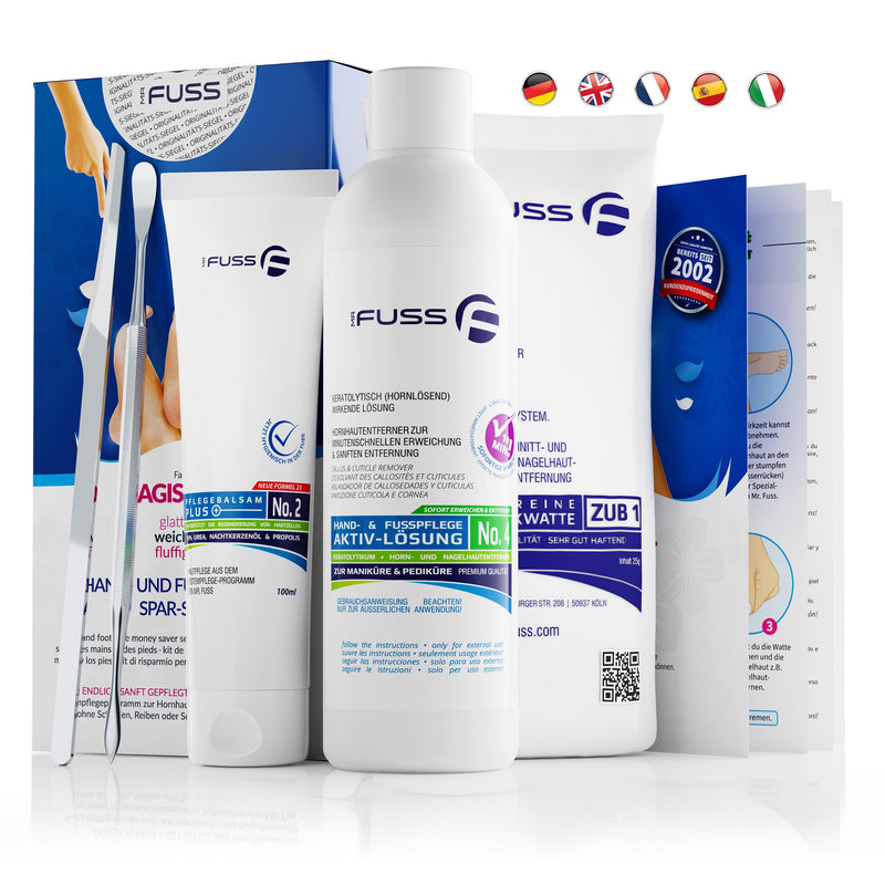 Mr. Fuss® No. 4 - Advanced Pack Complete - Small, cuticle callus remover economy package 5 pieces. Active solution, quick-softening - 250 ml, balm no. 2-100 ml, cotton wool, cutlery set 1 piece (pack of 1) - NewNest Australia