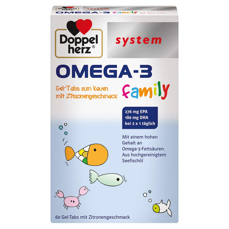 Doppelherz system OMEGA-3 family Gel Tabs – Contains 180 mg DHA, a building block of the brain, as a daily portion (2 gel tabs) – 60 lemon tabs - NewNest Australia