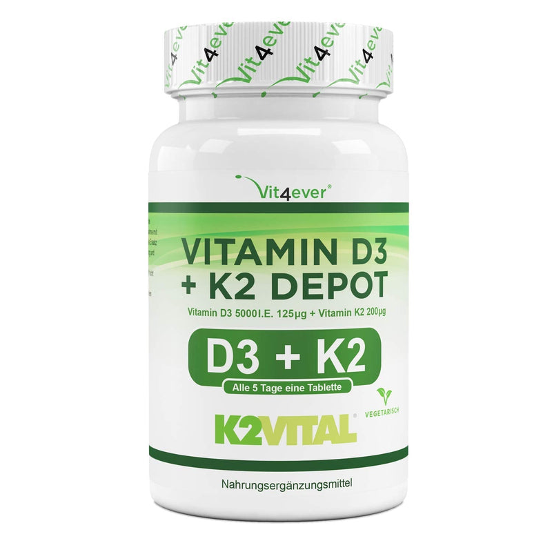 Vitamin D3 + K2 Depot - 240 tablets - Premium raw material: 99.7+% All-Trans (K2VITAL® from Kappa) - With 5000 IU vitamin D3 per tablet - Laboratory tested - High dosage 240 pieces (pack of 1) - NewNest Australia