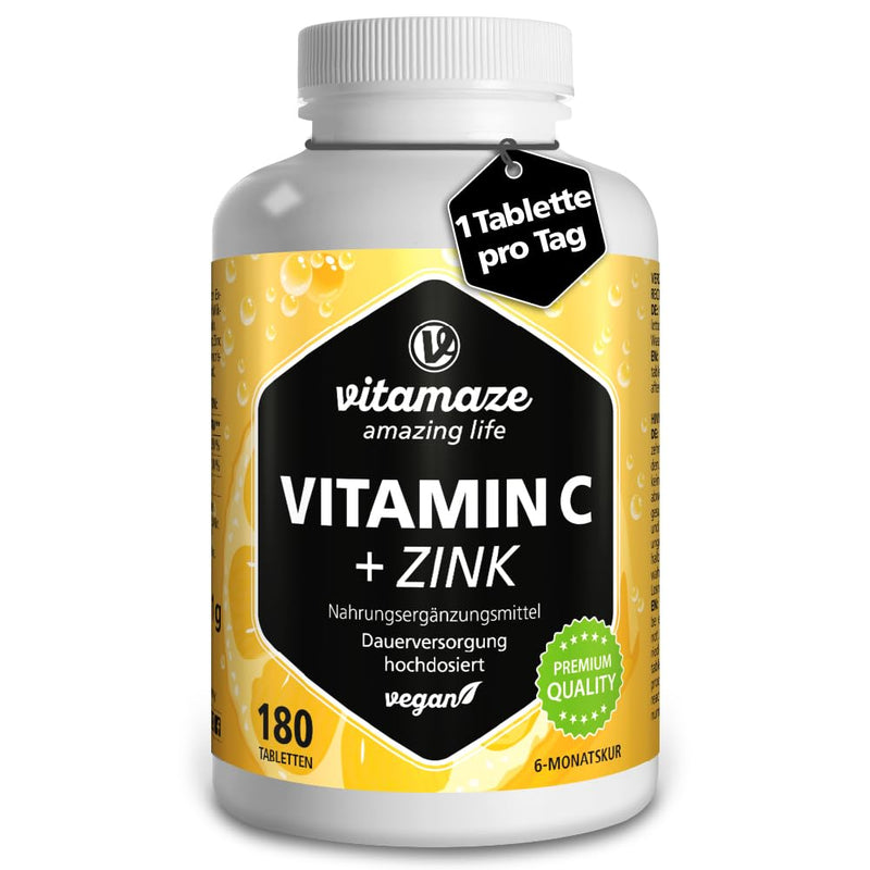 High-dose vitamin C 1000 mg + zinc, vegan & optimally bioavailable, 180 tablets for 6 months, natural dietary supplement without unnecessary additives, made in Germany - NewNest Australia
