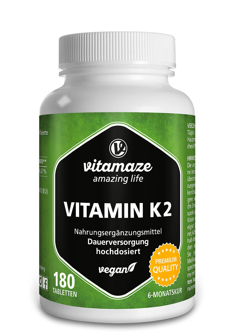 Vitamin K2 high dose & vegan, 200 mcg MK-7 Menaquinone (certified, all-trans form), 180 tablets 6 month supply, natural dietary supplement without additives, Made in Germany - NewNest Australia