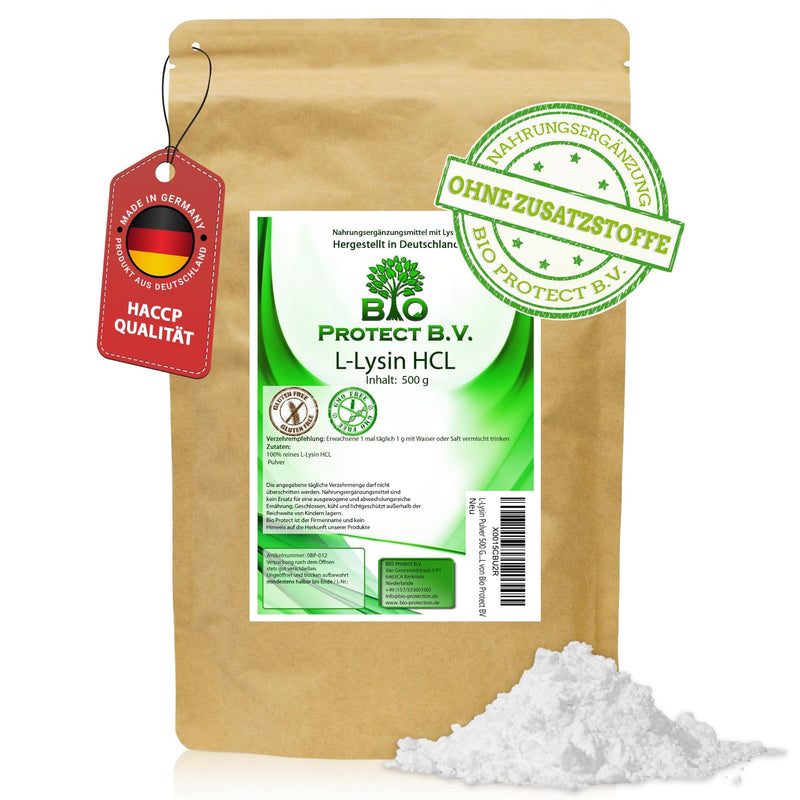 L-Lysine powder 500 grams without additives - 100% pure and without magnesium stearate - Vegan - Lysine HCL from Bio Protect BV 500 g (pack of 1) - NewNest Australia