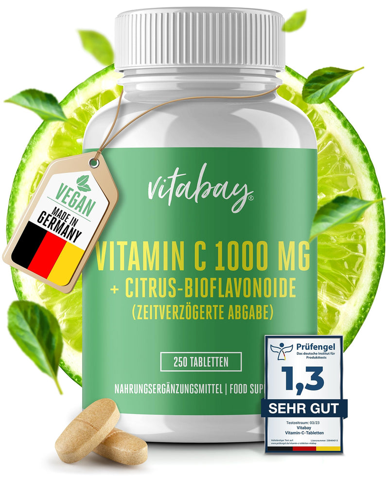 Vitabay Vitamin C high dose 1000mg + bioflavonoids VEGAN - 250 ascorbic acid vitamin C tablets natural vitamin C buffered 1000mg - high dose buffered vitamin C capsules C+ natural 250 pieces (pack of 1) - NewNest Australia