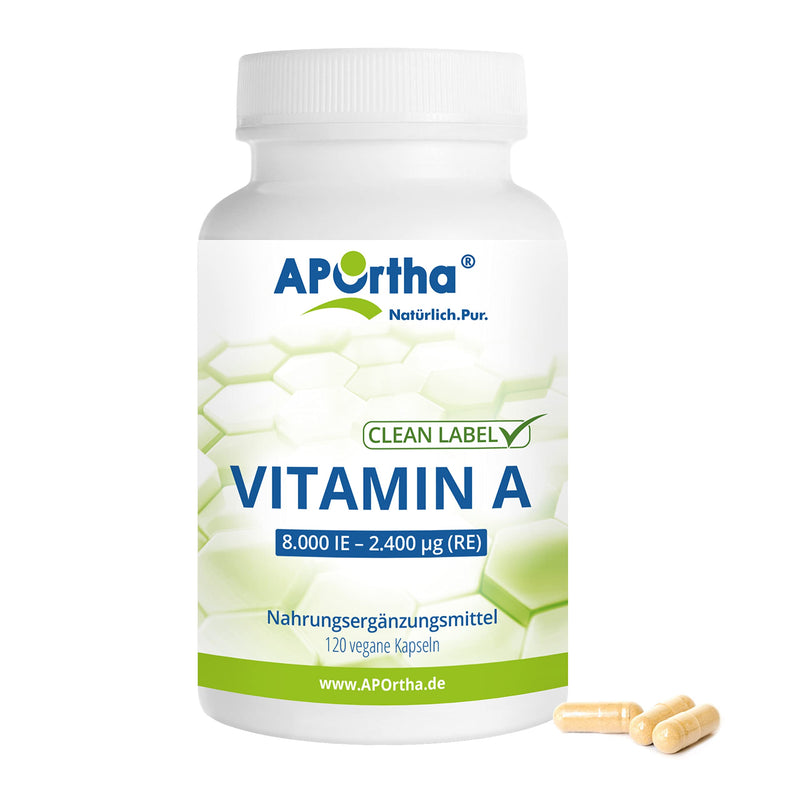 APOrtha® - Vitamin A 8,000 IU (2,400 µg) - 120 vegan capsules, high dosage and easy to swallow, made from retinyl acetate, allergen-free, vegan, gluten-free - NewNest Australia