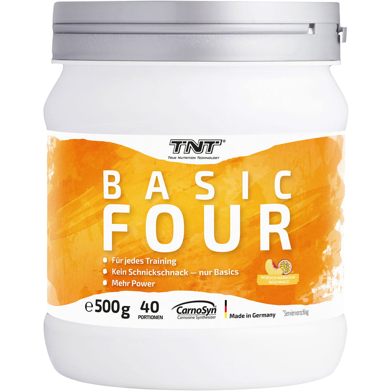TNT Basic Four Peach-Passion Fruit (500g) • Pre Workout Booster • With Creapure® creatine monohydrate, tyrosine, beta-alanine • Training booster - NewNest Australia
