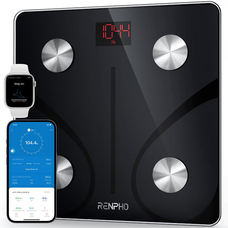 RENPHO Personal Scales Body Fat Scales with App 180 kg/400 lbs, Body Scales Digital Bluetooth Body Analysis Scales for Body Fat, BMI, Muscle Mass, Protein, BMR, Black 280mm/11" - NewNest Australia