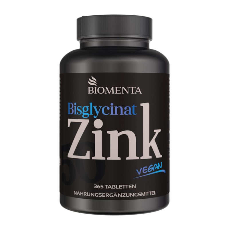 BIOMENTA Zinc 50 - 365 zinc tablets high dosage with 50 mg of pure active ingredient/tablet made from zinc bisglycinate - vegan & divisible - premium quality - NewNest Australia