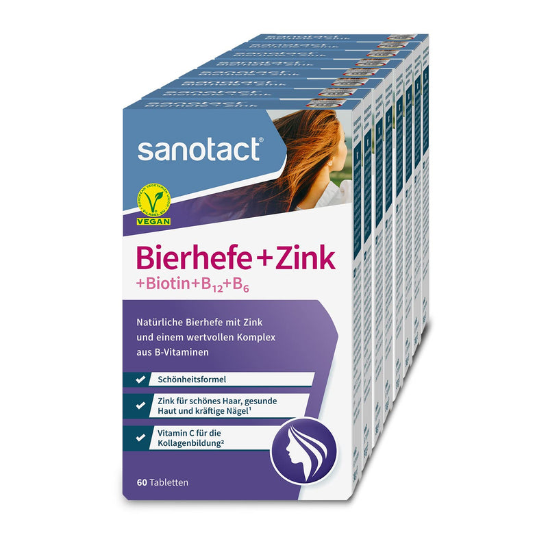 Sanotact Brewer'S Yeast + Zinc, 8 X 60 Tablets, Skin Hair, Nails, Vegan, Hair Vitamins With Brewer'S Yeast, Zinc, Biotin, B12, B6, Highly Effective Intensive Beauty Formula - NewNest Australia