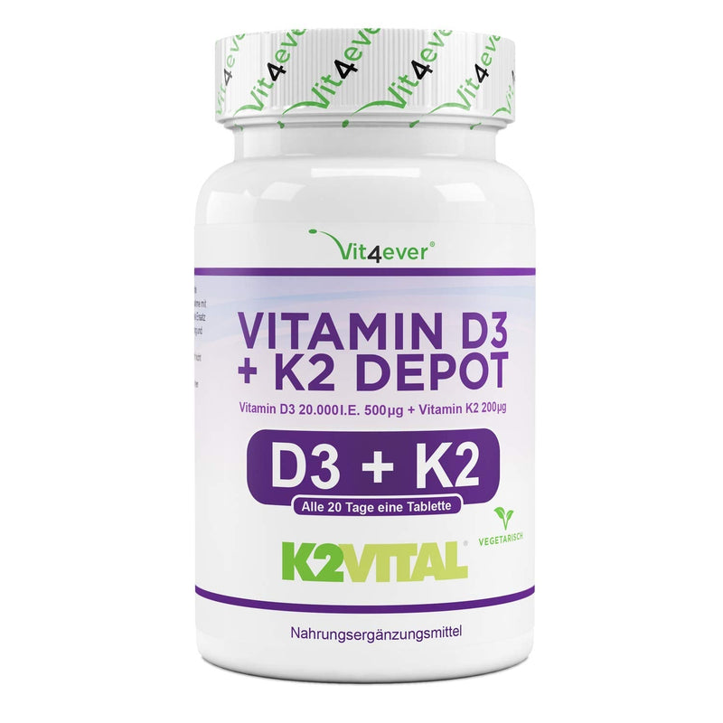 Vitamin D3 20,000 IU + Vitamin K2 200 mcg Menaquinone MK7 Depot - 180 tablets - 99.7+% All-Trans - Laboratory tested - Vegetarian - High dosage - Premium quality 180 pieces (pack of 1) - NewNest Australia