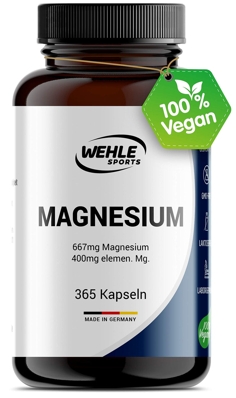 Magnesium 400mg capsules, high dosage - 365 pieces (1 year) 667mg per capsule, of which 400mg is elemental magnesium I Laboratory tested Vegan - Wehle Sports - NewNest Australia