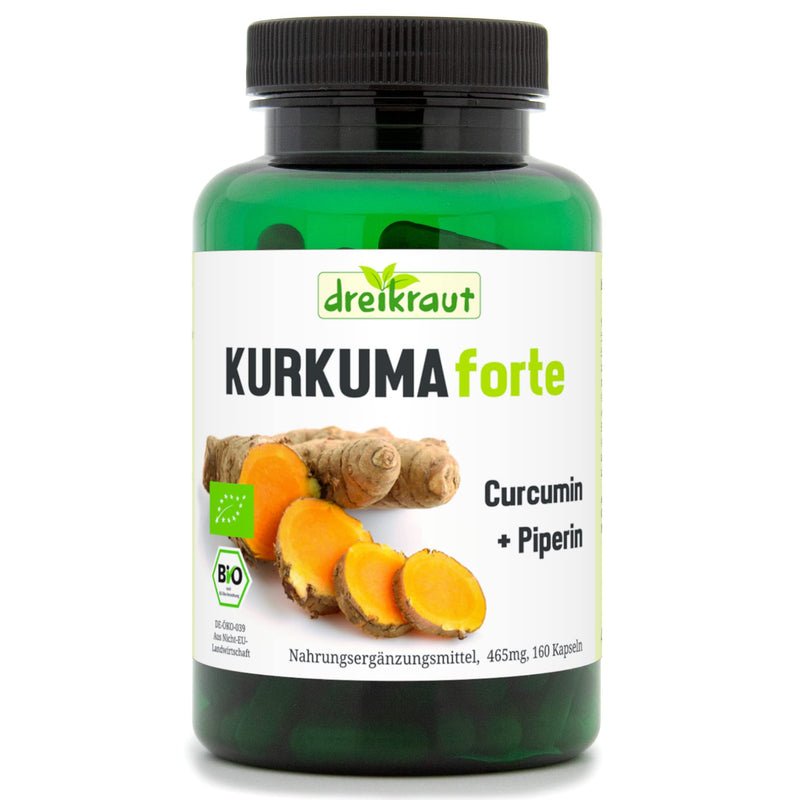 Dreikraut Turmeric Forte Bio, Turmeric + Curcumin 95% + Piperine, 160 X Vegan Capsules, 465 Mg Each, German Production, Balanced Formula, Free From Additives, Residue-Tested - NewNest Australia