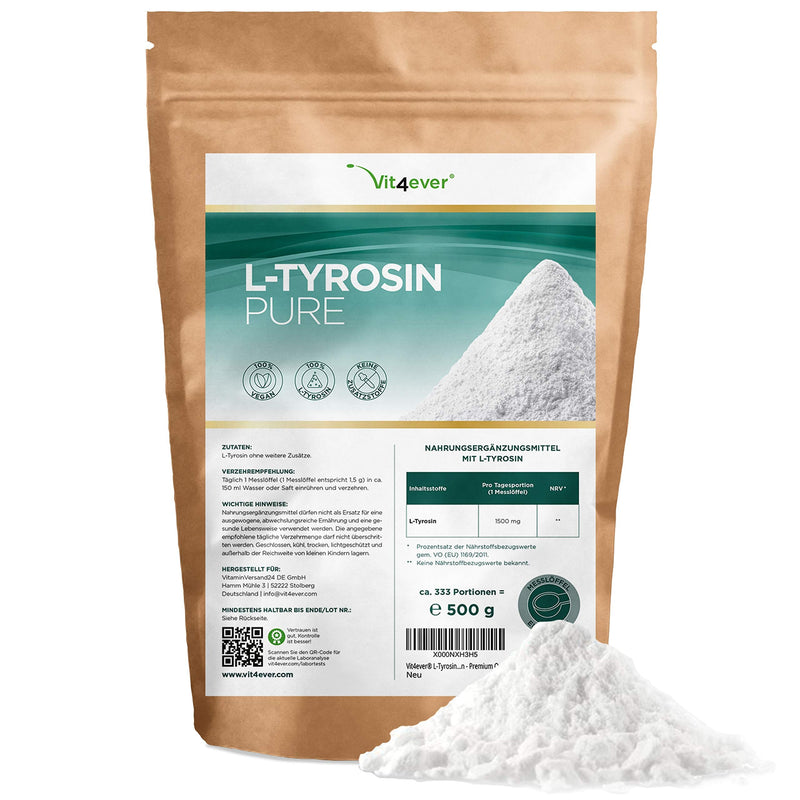 L-Tyrosine - 500 g pure powder - no additives - 333 servings - Pure amino acid from plant fermentation - Laboratory tested - Vegan - NewNest Australia