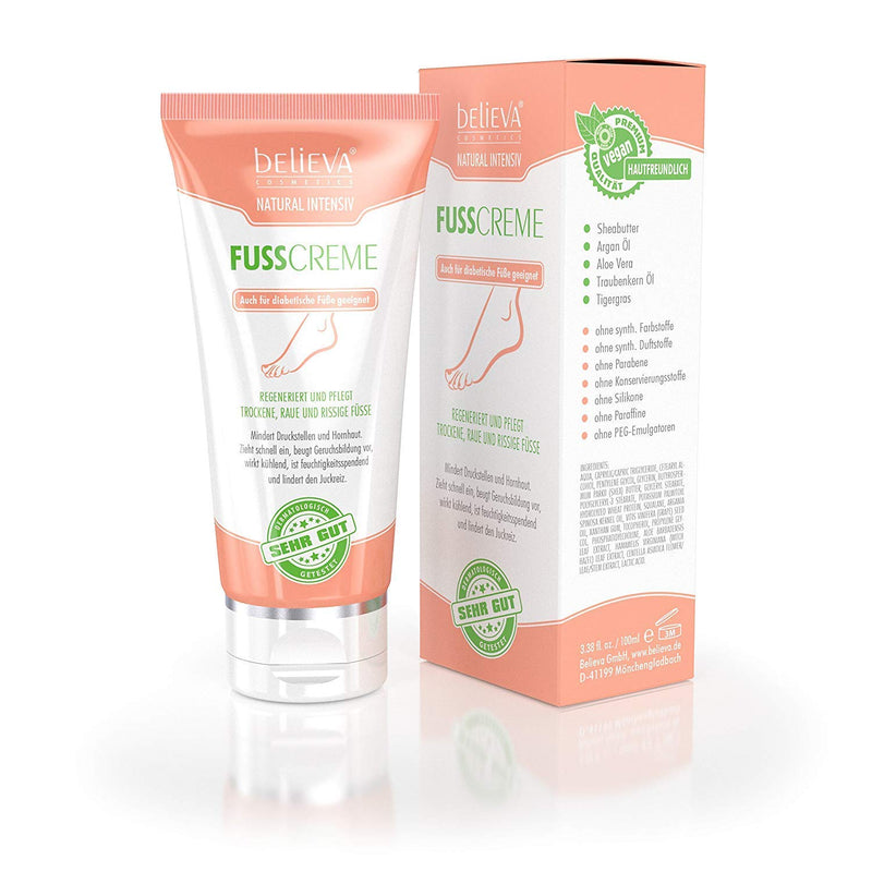 Believa Natural - Vegan foot cream for dry, rough and cracked feet - basic care for calluses and cracks - 100ml 100 ml (pack of 1) - NewNest Australia