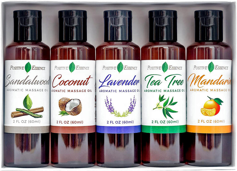 Positive Essence Massage Oil Therapy Body Oil - Relaxing Massage Oil Set Natural Ingredients - Jojoba, Sweet Almond, Vitamin E For Skin Care - 5 Unique Fragrances - 60Ml - NewNest Australia