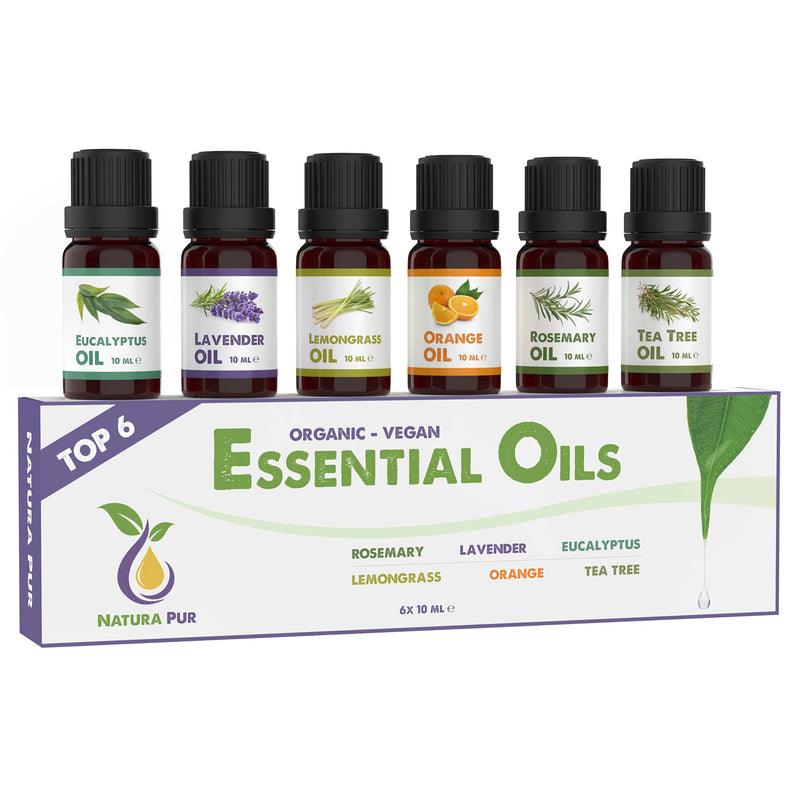 Organic Essential Oils Set - 100% Organic Natural - Fragrance Oils For Diffusers And Aromatherapy, 6 X 10 Ml (Rosemary, Lavender, Eucalyptus, Lemongrass, Orange, Tea Tree) - NewNest Australia