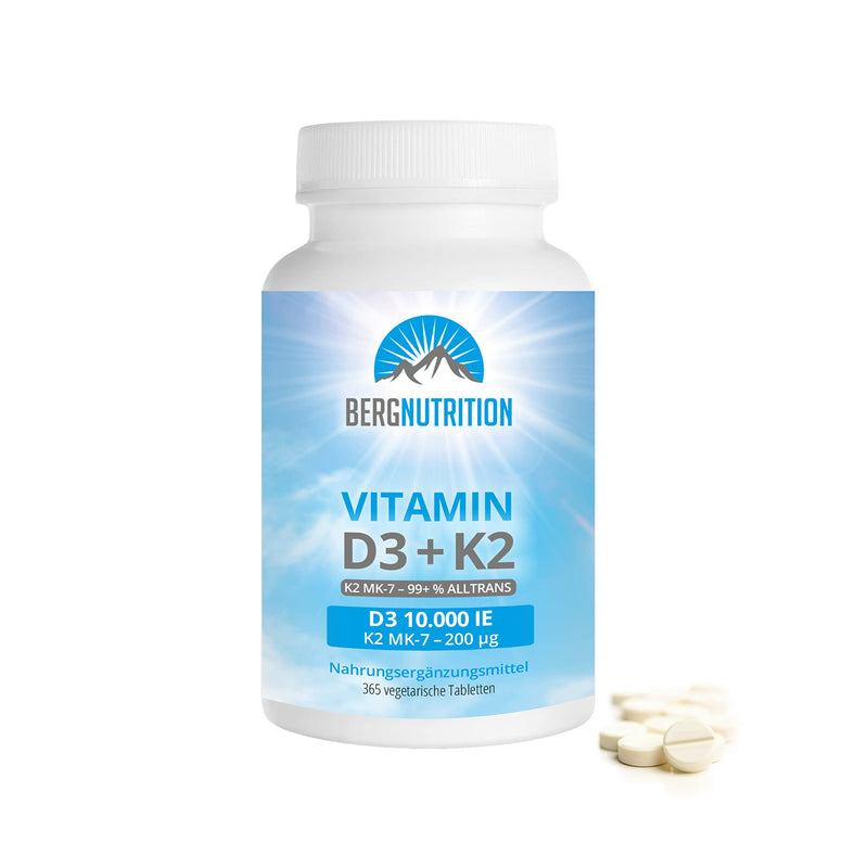 Berg Nutrition Vitamin D3 10,000 IU + 200 µg K2 99+% ALL-Trans, 365 vegetarian tablets, high dosage and divisible, premium vitamin D tablets, vitamin D 3 and vitamin K 2 - NewNest Australia