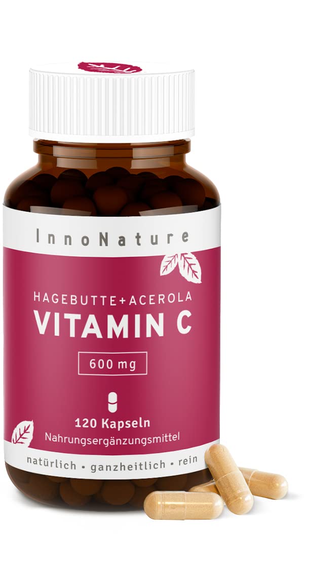 Highly dosed 600mg natural vitamin C from acerola extract and rosehip extract. 120 capsules in a 2 month supply. Highly usable, vegan + made in Germany. - NewNest Australia
