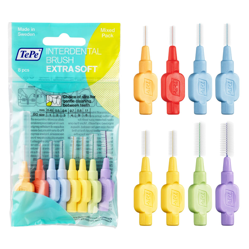TePe interdental brushes extra soft mixed (ISO size 1-6: 0.45-1.1 mm) / For particularly gentle and efficient cleaning of the spaces between teeth / 1 x 8 interdental brushes - NewNest Australia