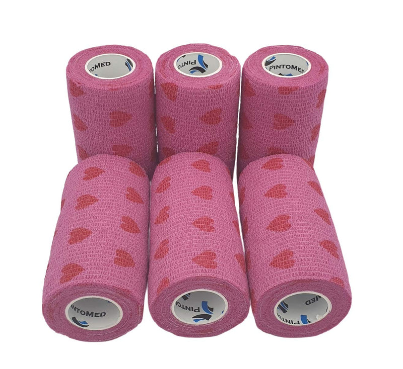 Pintomed Self-Adhesive Bandage, Stretched - 6X Pink With Red Hearts Bandage Rolls - 10 Cm X 4.5 M Adhesive Bandage Bandage; Fixing Bandage Health Plaster Sport Tape Stuk For Wrist, Leg, Arm, Vet Wrap - NewNest Australia
