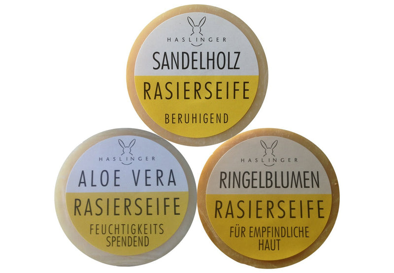 Set of 3 Haslinger shaving soap, sandalwood, marigold, aloe vera & razor blades checklist - NewNest Australia