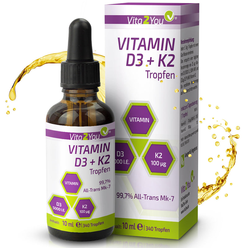 Vita2You Vitamin D3 + K2 drops - Vitamin D3 5000 IU - Vitamin K2 100µg per drop - K2VITAL - MK-7 - 99.7% All-Trans - MCT oil - Premium quality - Made in Germany - NewNest Australia