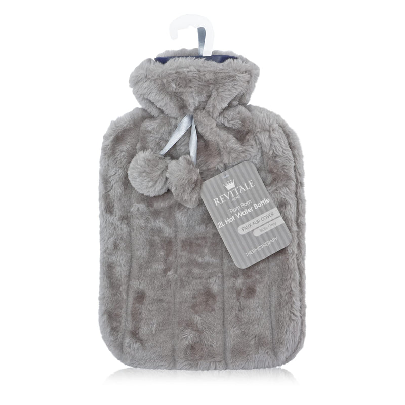 Luxury cuddly faux fur & pom pom cover + hot water bottle 2 liters (slate grey) - NewNest Australia