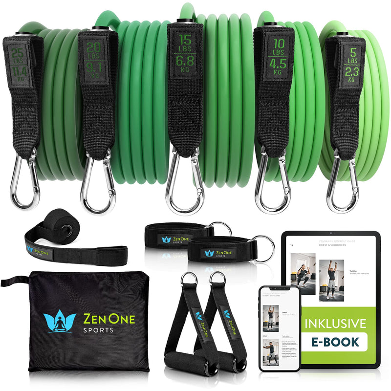 Zenone Sports Resistance Band Set 5 Fitness Bands Resistance Bands Expander Set - Resistance Bands Resistance Band Set With Handles, Foot Straps, Door Anchors Including Workout Guide & Video Set Green - NewNest Australia