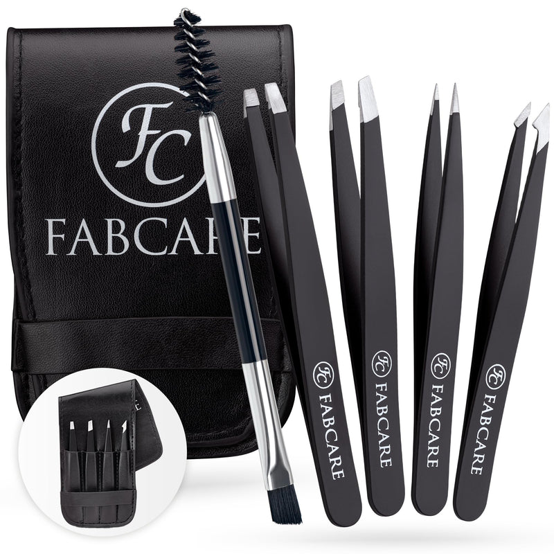 Fabcare Tweezers For Plucking Eyebrows (Slanted) Incl. Case - Improved Tip - Professional Eyebrow Tweezers With Anti-Slip Coating - Plucking Tweezers For Hair Removal - Tip Tweezers (Set) Ensemble De 5 Pi√®Ces - NewNest Australia