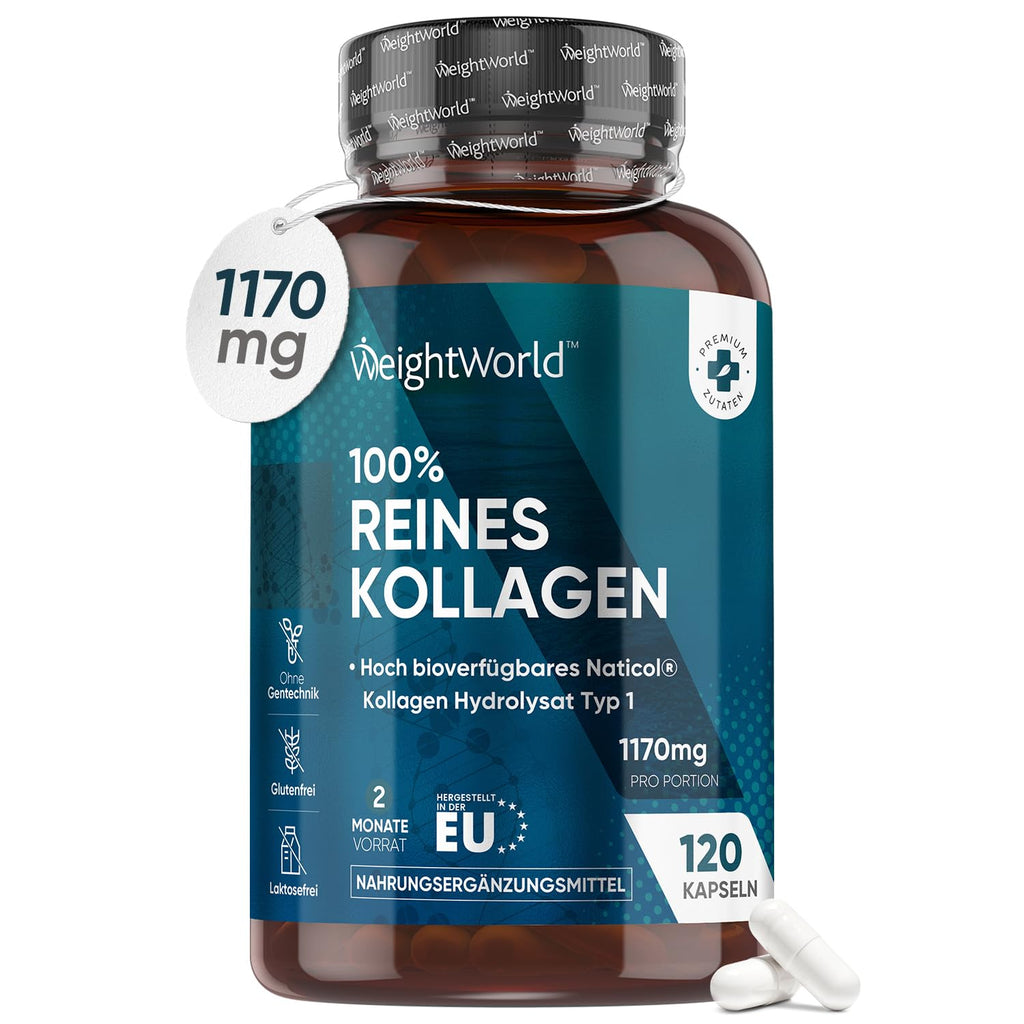 Collagen Capsules - 1170 Mg Pure Marine Collagen - 120 Capsules - Naticol Collagen Hydrolysate Type 1 - Laboratory Tested In Germany - Pure Collagen Protein Powder In Each Capsule - By Weightworld - NewNest Australia