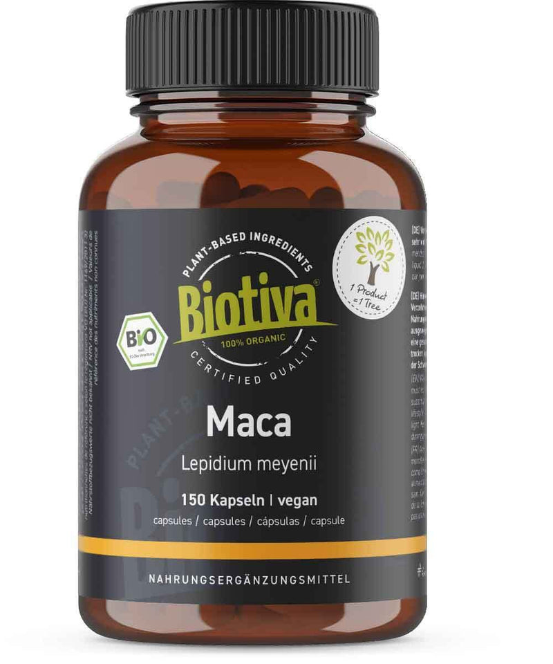 Biotiva Maca Organic - 150 Capsules with 500 mg Each - Lepidium Meyenii - Maca Powder - No Additives - Bottled and Controlled in Germany (DE-ÖKO-005) - Vegan - Direct from the Manufacturer - NewNest Australia