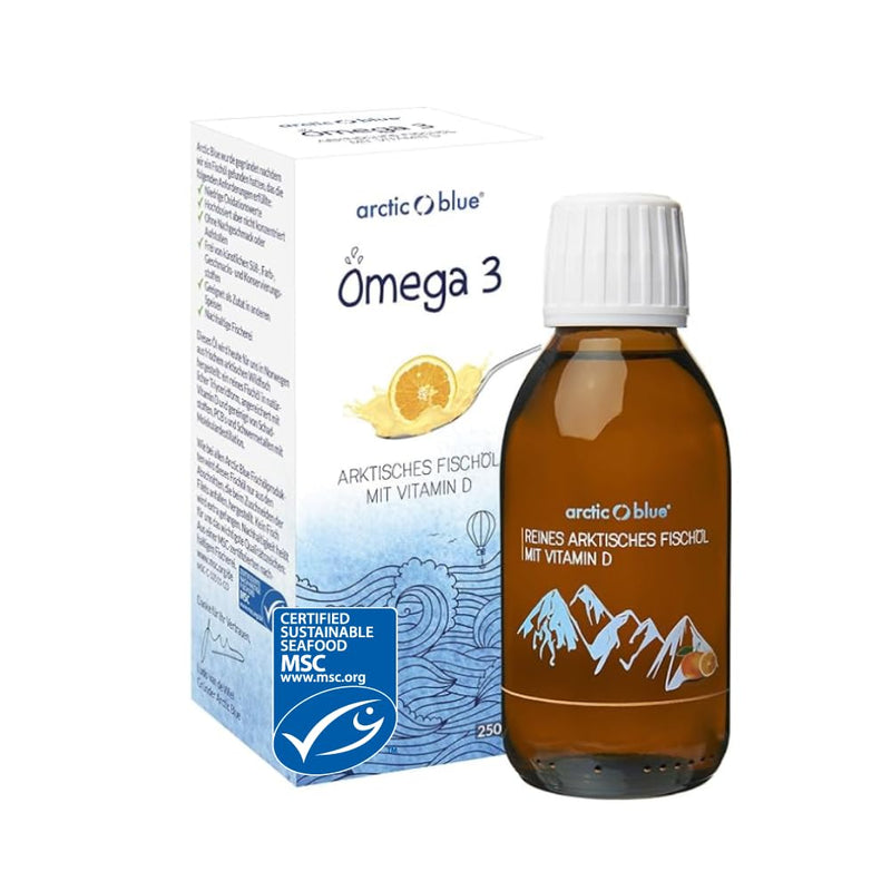 Arctic Blue Omega 3 fish oil - 250 ml liquid - high dose with DHA, EPA and vitamin D - without burping or fishy smell - arctic fish oil - MSC certified - orange flavor 250 ml (pack of 1) - NewNest Australia