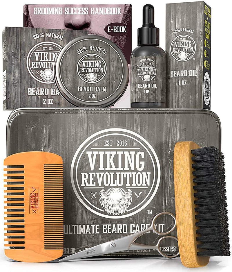 Viking Revolution Beard Care Set for Men - Ultimate with 100% boar bristles beard brush, wooden beard comb, beard balm, beard oil, mustache & beard scissors - NewNest Australia