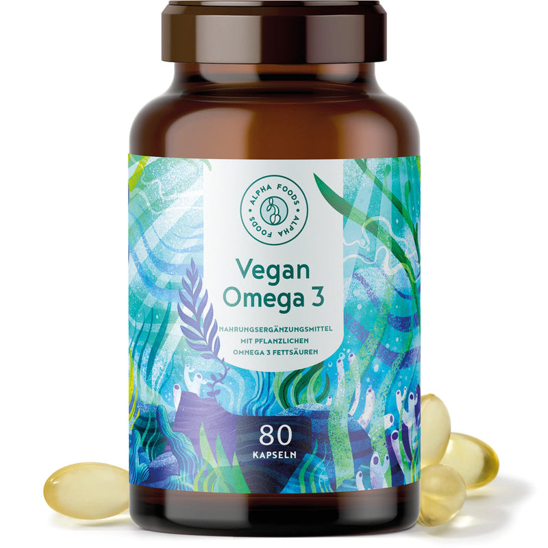 Vegan Omega 3-80 vegan softgel capsules - 500mg algae oil from German brand production per daily dose - Vegetable alternative to fish oil capsules - DHA fatty acids - NewNest Australia