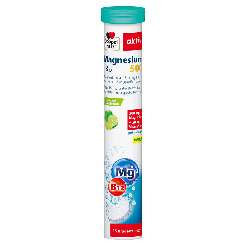 Doppelherz Magnesium 500 + B12 - with magnesium & vitamin B12 to support normal muscle function - vegan - 15 effervescent tablets with lime flavor 15 pieces (pack of 1) - NewNest Australia