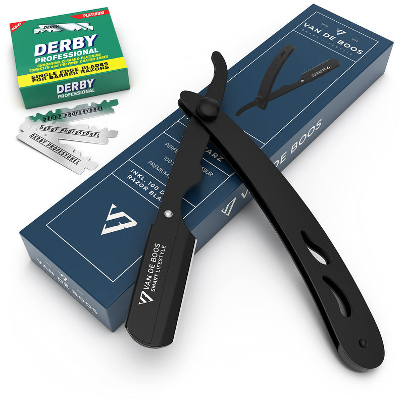Van De Boos® razor set with 100 Derby interchangeable blades - high-quality stainless steel barber beard knife with extra sharp blades - barber razor knife for precise beard wet shaving (men) stainless steel black + 100 Derby Professional - NewNest Australia