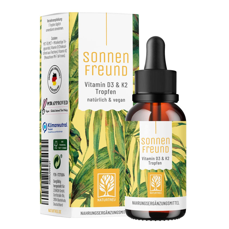 NATURTREU® Vitamin D3 K2 drops high dosage & vegan - 100% plant-based (without animal lanolin) - 1000 IU vitamin D + vitamin K2 - Sonnenfreund - NewNest Australia