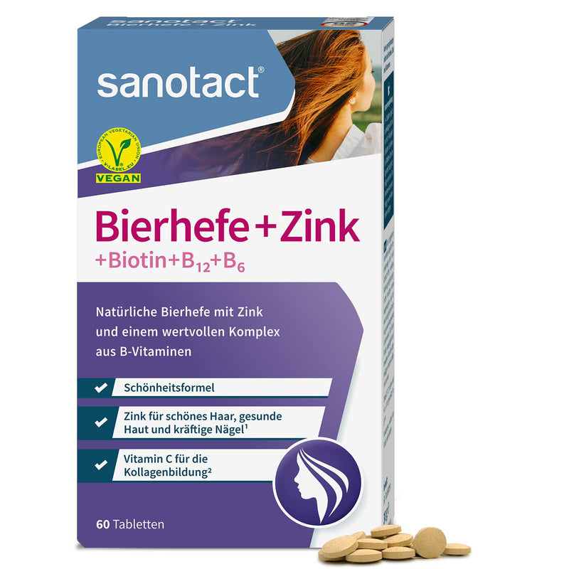 Sanotact Brewer'S Yeast + Zinc ‚ 60 Tablets Skin Hair Nails Vegan ‚ Hair Vitamins With Brewer'S Yeast, Zinc, Biotin, B12, B6 ‚ Highly Effective Intensive Beauty Formula - NewNest Australia