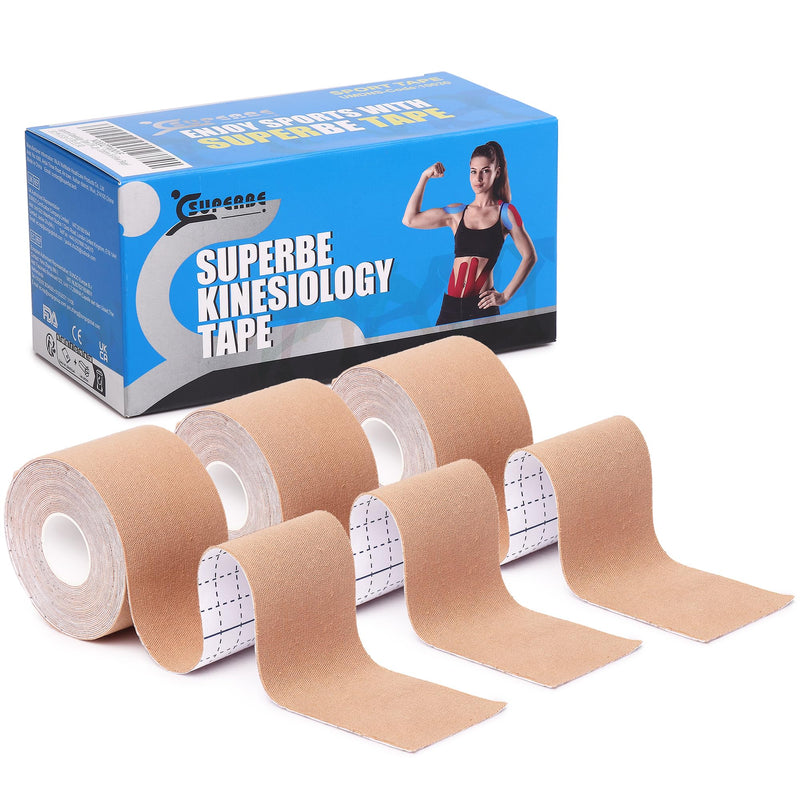 Superbe Kinesio Tape and Physio Tape (Pack of 3 Rolls), Kinesiology Tape for Athletics, Pain Relief, Recovery and Physiotherapy, 5cm x 5m (Beige) Beige - NewNest Australia