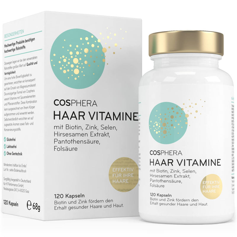Cosphera Hair Vitamins - Highly Dosed With Biotin, Selenium, Zinc, Folic Acid, Millet Seed Extract - 120 Vegan Capsules In 2 Months' Supply - Hair Capsules For Men And Women - NewNest Australia