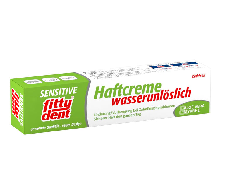 fittydent® sensitive adhesive cream 40g | Upper and lower jaw prostheses | Apply once a day | Only water-insoluble adhesive cream | For sensitive gums with aloe vera and myrrh 40 g (pack of 1) - NewNest Australia