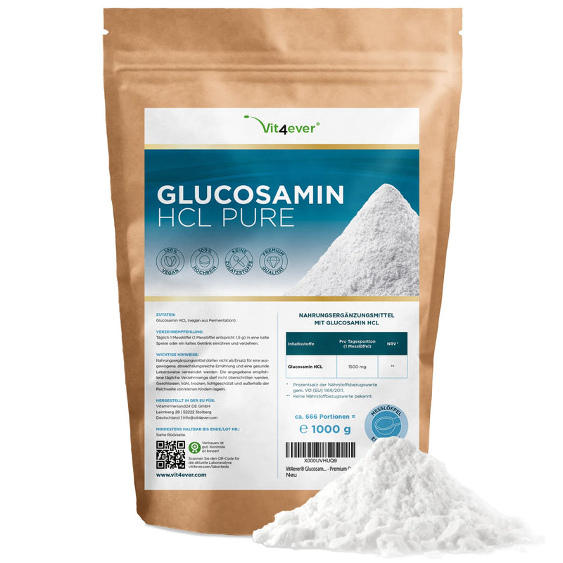 Glucosamine Hcl Pure - 1000 G (1 Kg) Pure Powder Without Additives - Made From Vegetable Fermentation - Laboratory Tested - Vegan - High Dose - Premium Quality - NewNest Australia