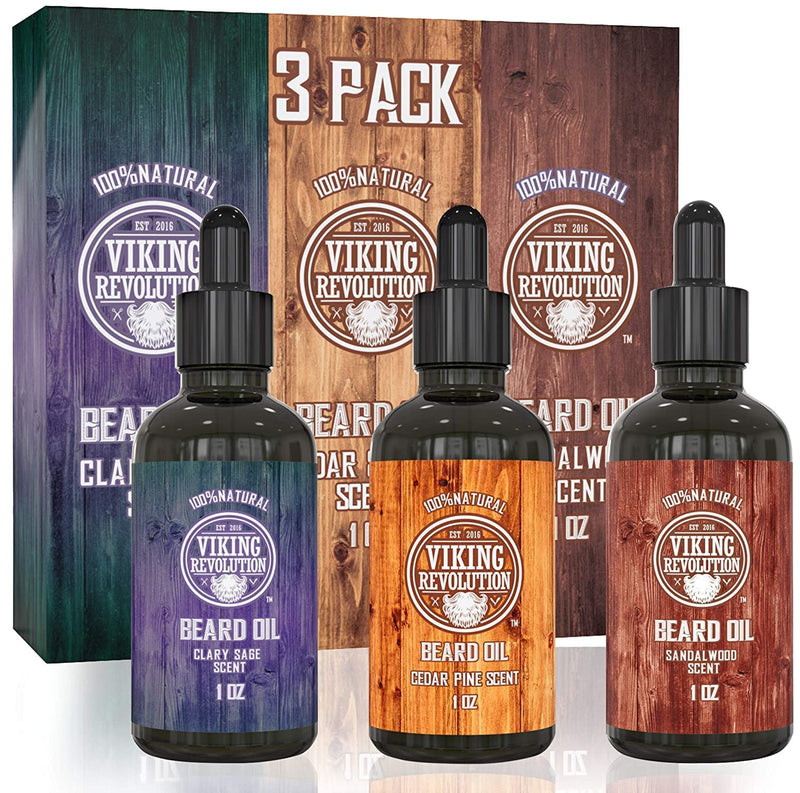 Viking Revolution Beard Oil Men - Set 3x28g Pack of 3 - For Healthy Beard Care - Made from All-Natural Sandalwood, Pine, Cedar and Clary Sage Beard Oil Beard Oil Sandalwood, Pine & Cedar, Clary Sage - NewNest Australia